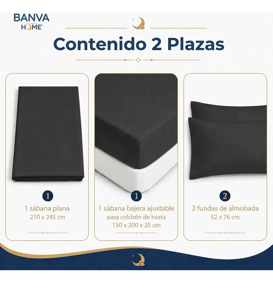 Juego Sábana Illusions 144 Hilos Liso 2 Plazas Negro