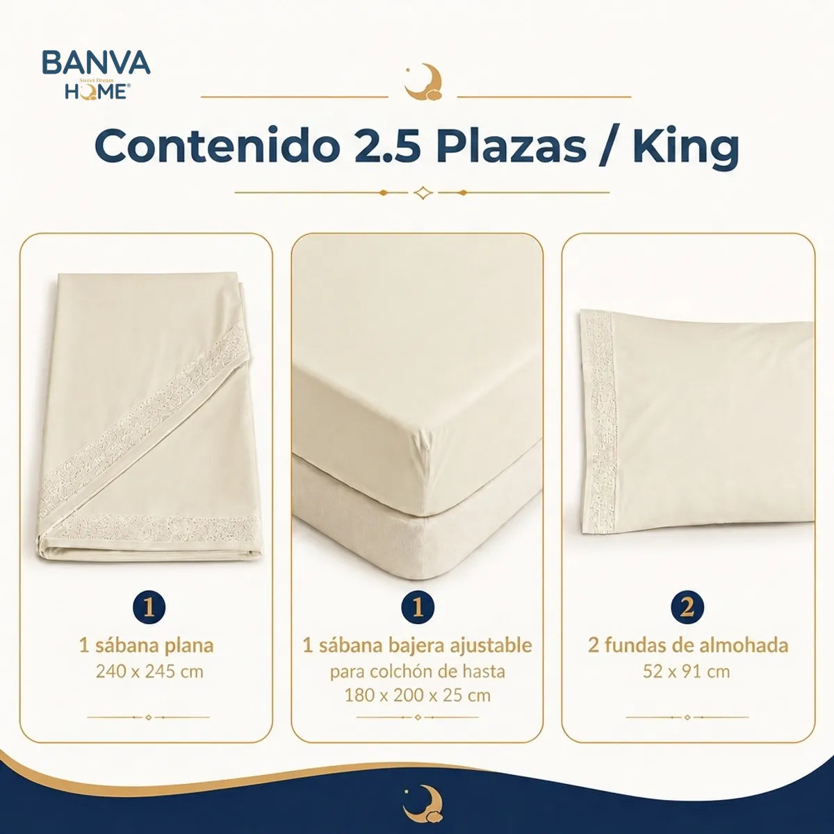 Juego Sábana Illusions 180 Hilos Broderie Liso King Beige Ivory