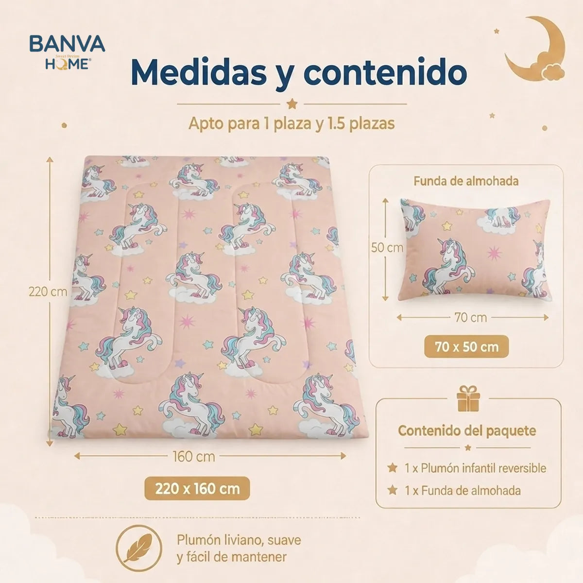 Plumón Infantil Unicornio Rosa Claro Con