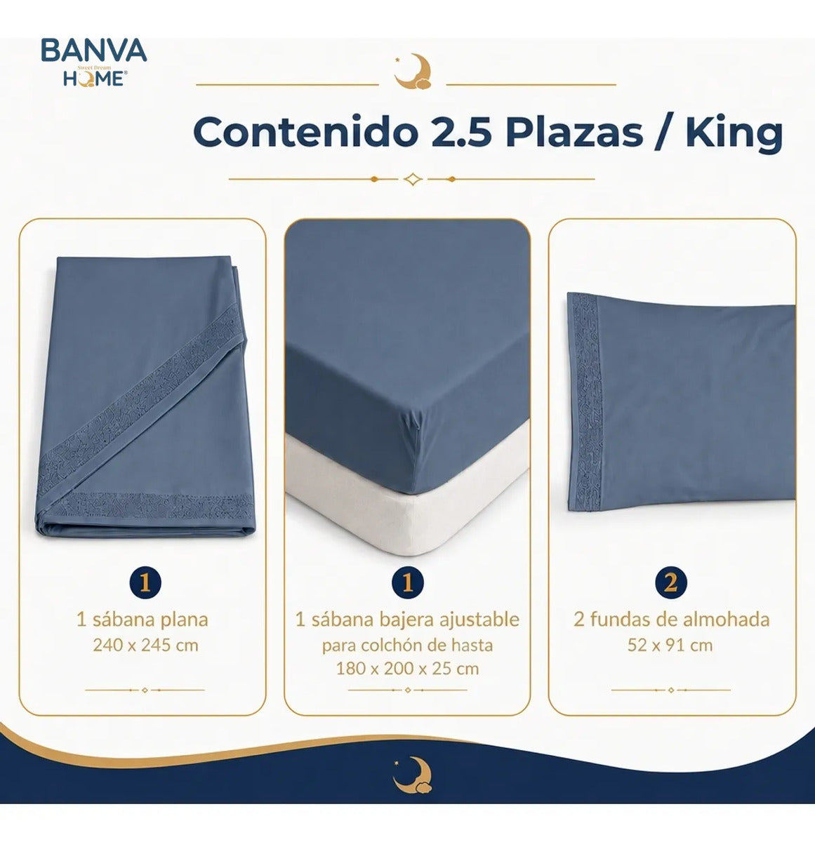 Juego Sábana Illusions 180 Hilos Broderie Liso King Azul Element