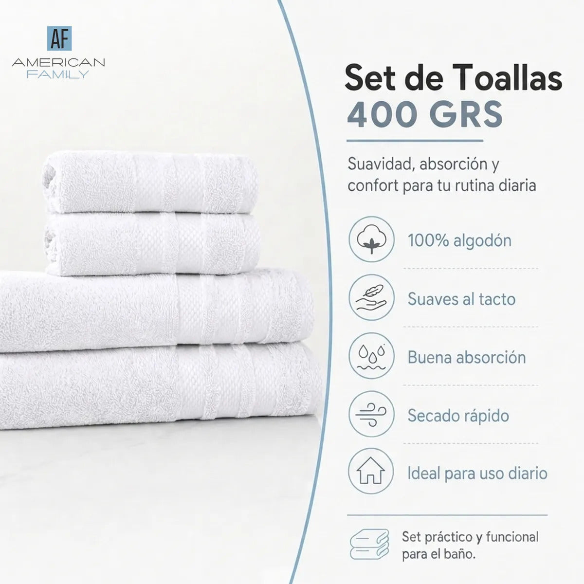 Juego 4 Toalla American Family Blanco 400gr