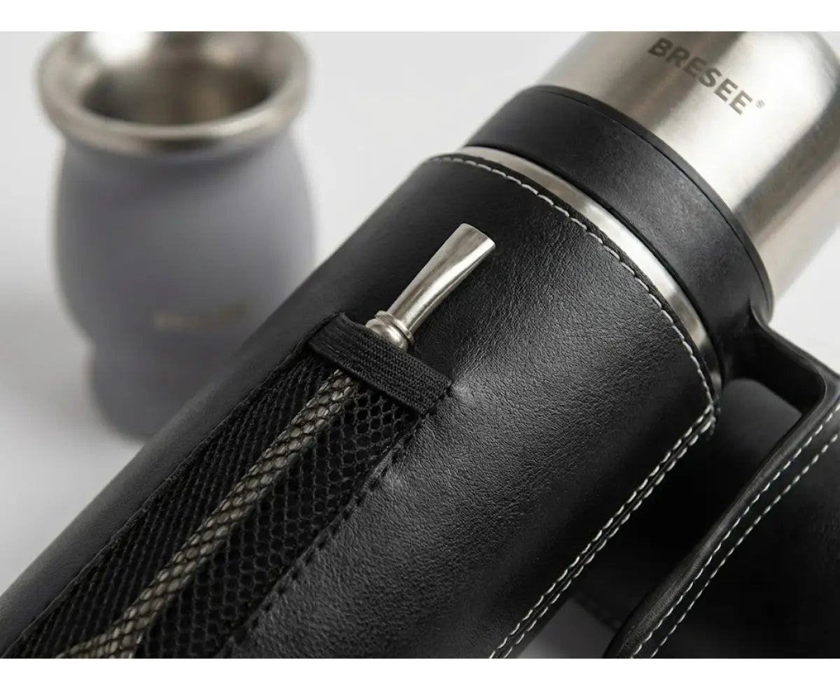 Set De Mate Kit Termo Cuero Plata