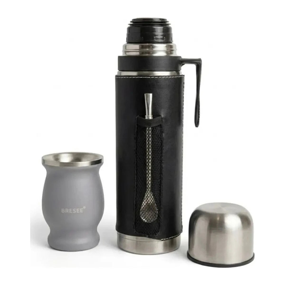 Set De Mate Kit Termo Cuero Plata