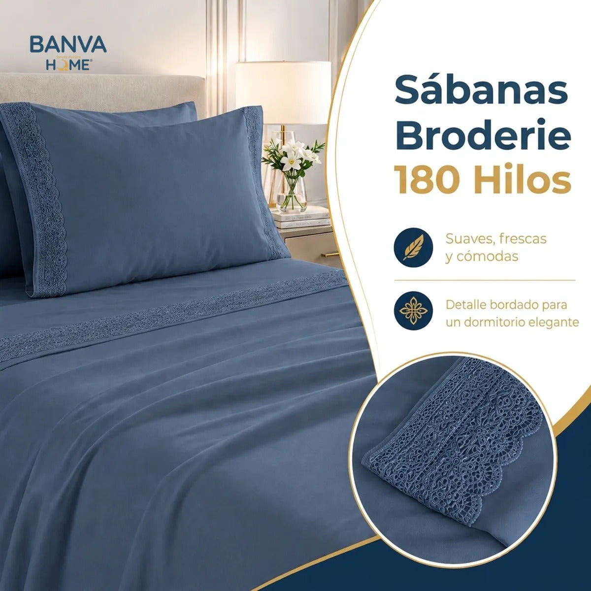 Juego Sábana Illusions 180 Hilos Broderie Liso 1 Plaza Azul Element