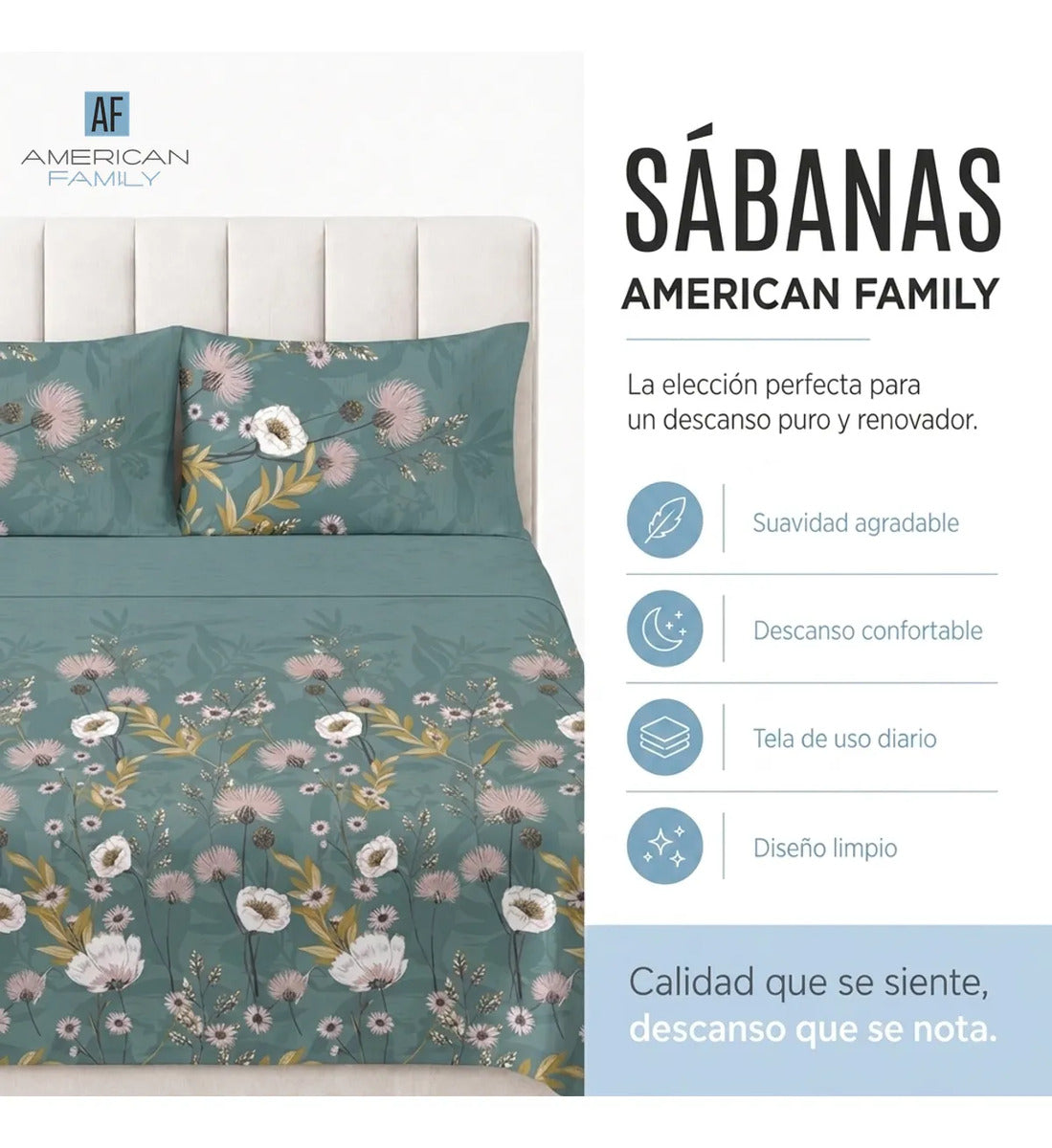 Sábana American Family 144 Hilos Amazonite 1.5 Plazas