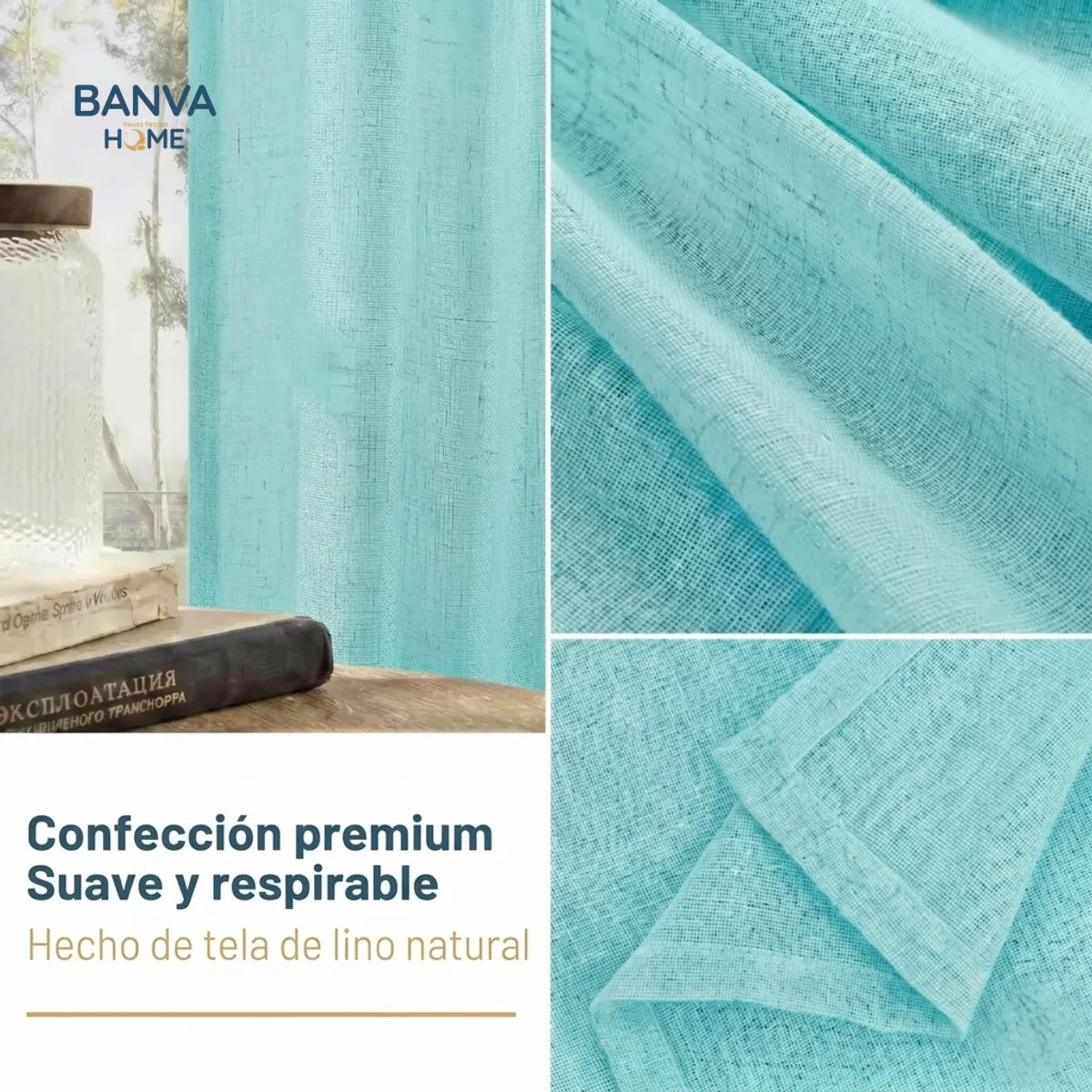 Set Cortinas Velo Lino Liso Turquesa