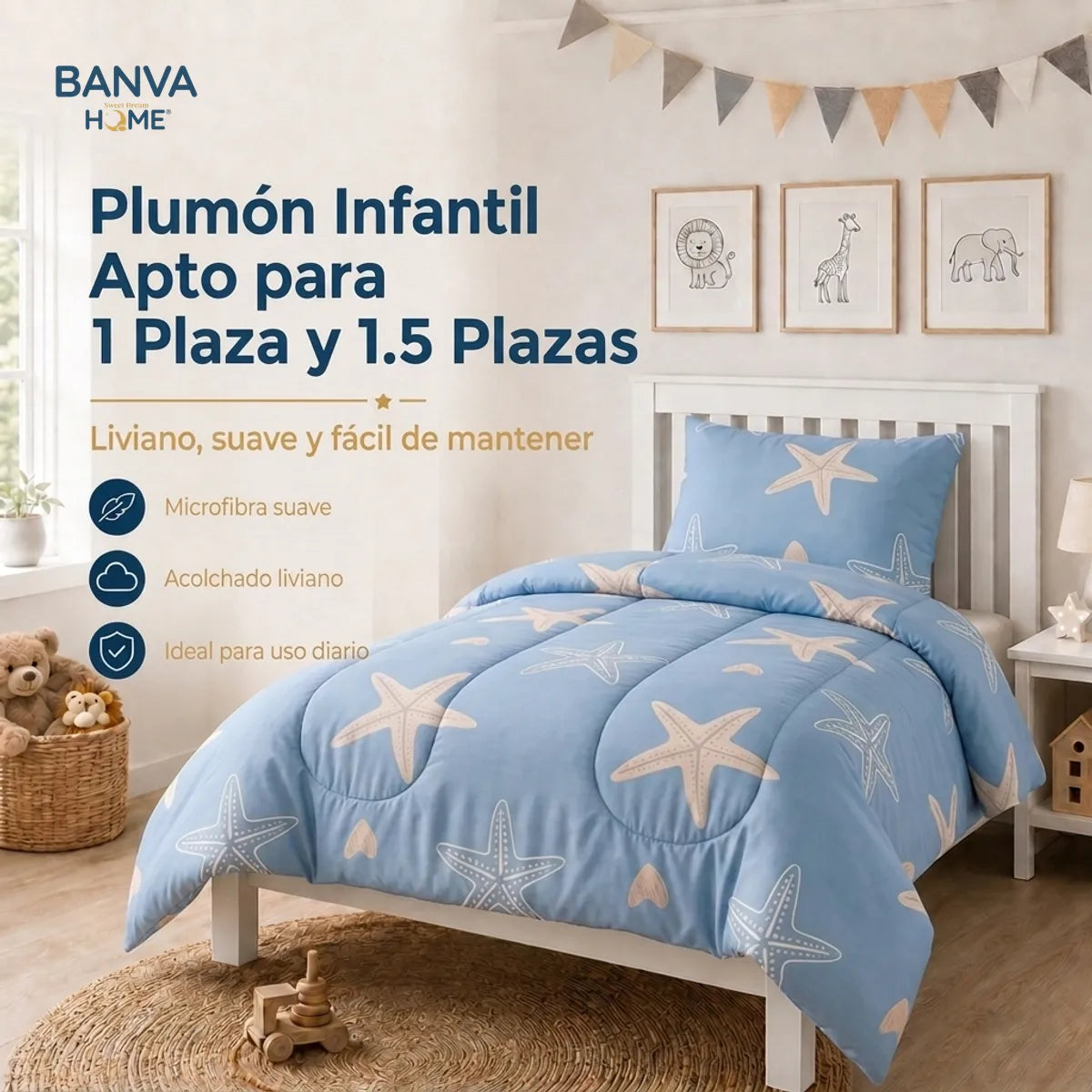 Plumón Infantil Estrella De Mar Azul Con Estrellas