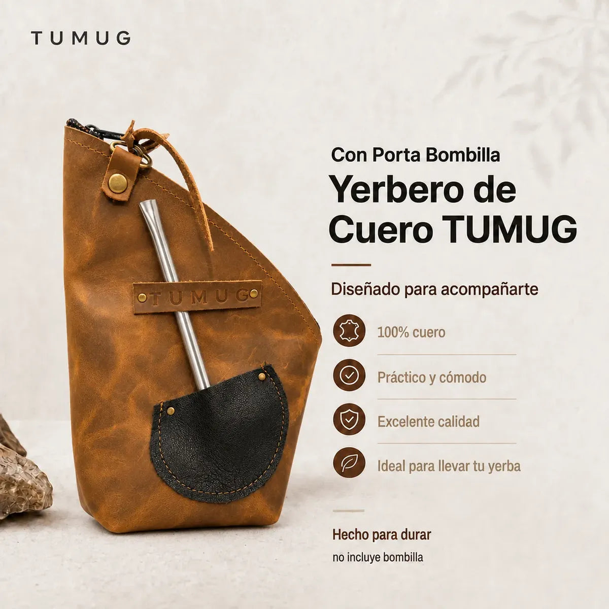 Yerbero Mate Tumug Cuero Porta Yerba 300 Gr Resistente Café