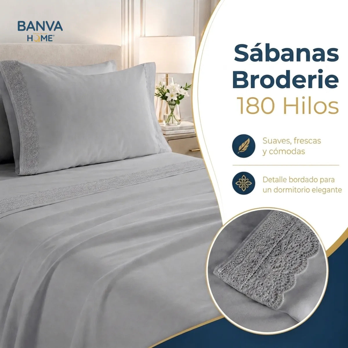 Juego Sábana Illusions 180 Hilos Broderie Liso 1.5 Plazas Gris