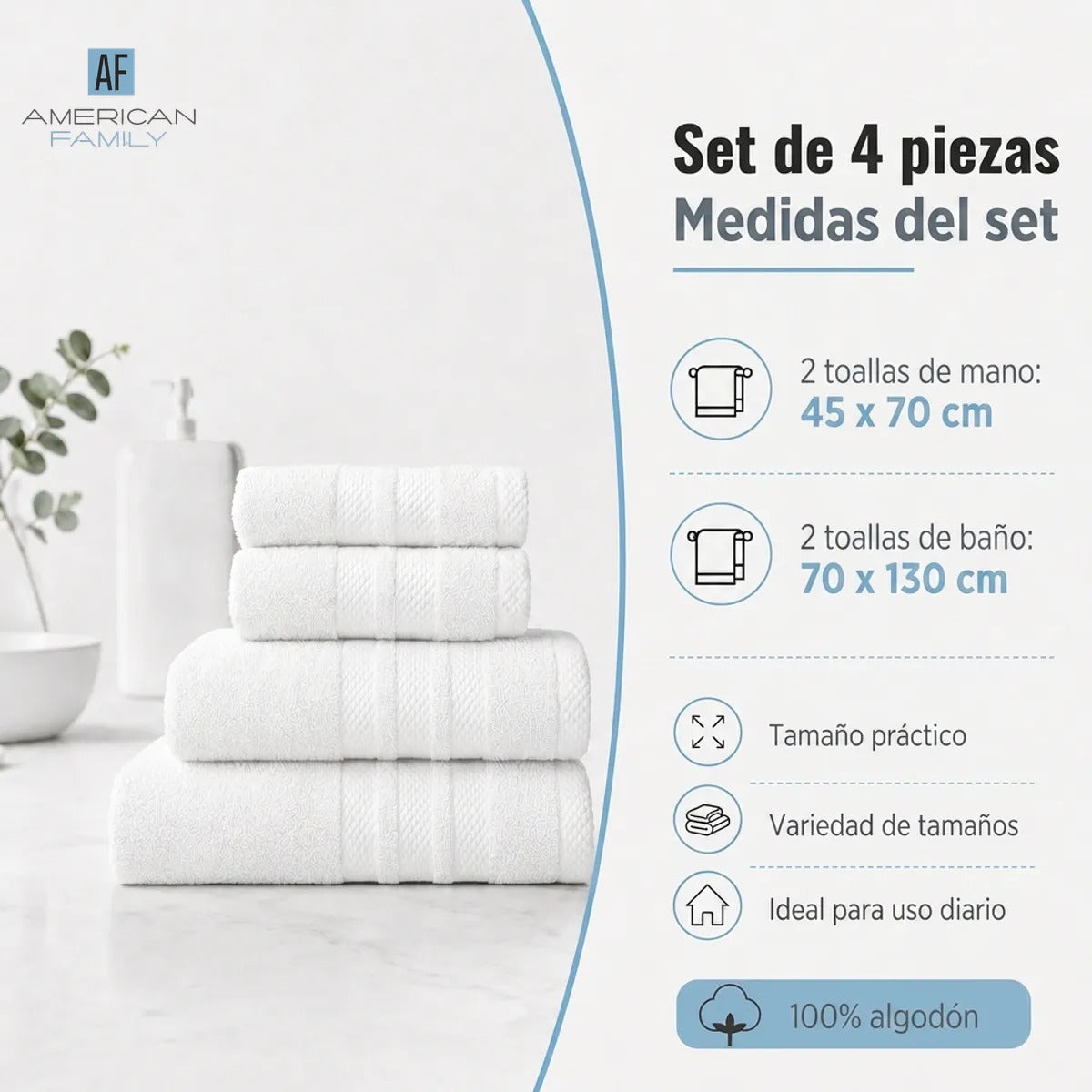 Juego 4 Toalla American Family Blanco 400gr