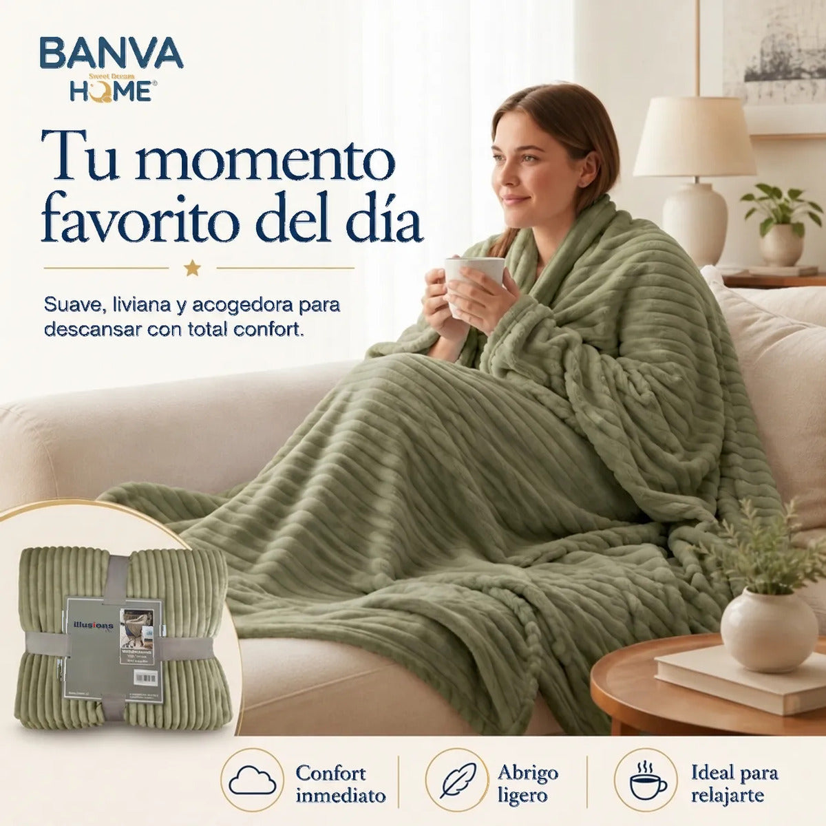 Manta Illusions Flannel Relieve Verde Olivo 150x130 500gr