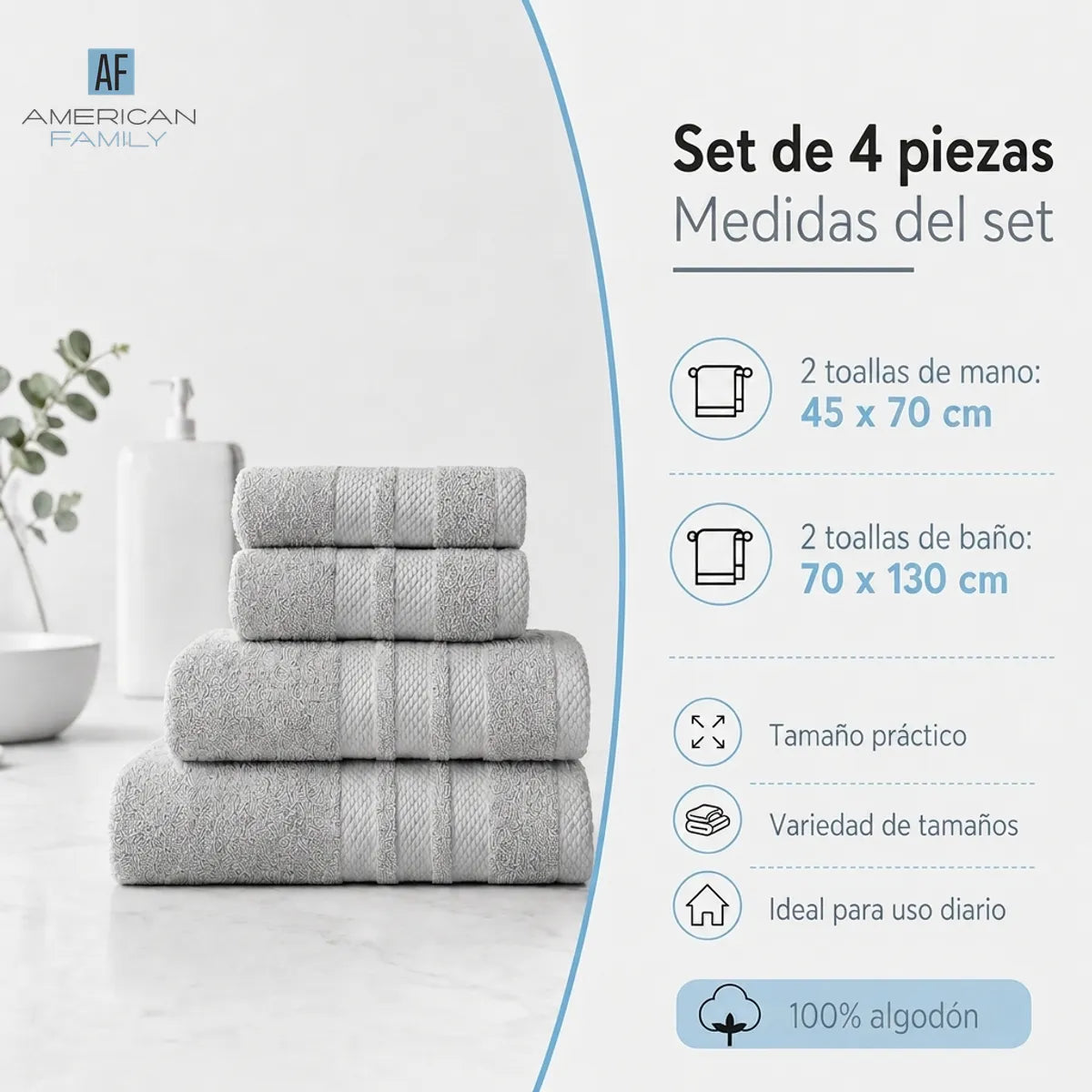 Juego 4 Toalla American Family Gris 400gr
