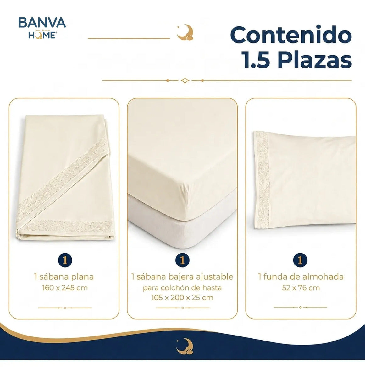 Juego Sábana Illusions 180 Hilos Broderie Liso 1.5 Plazas Beige Ivory