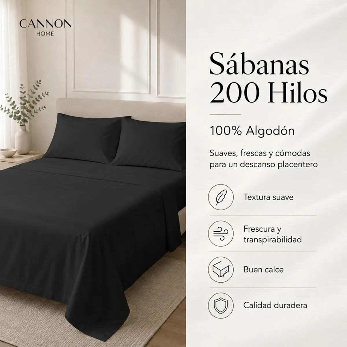 Juego Sábana Elements & Co 200 Hilos Liso/Negro 2 Plazas Negro