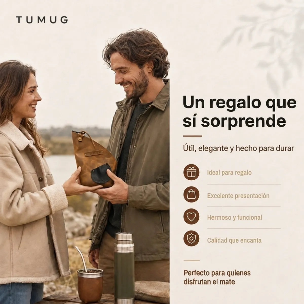 Yerbero Mate Tumug Cuero Porta Yerba 300 Gr Resistente Café