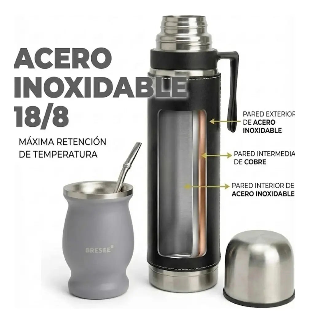 Set De Mate Kit Termo Cuero Plata