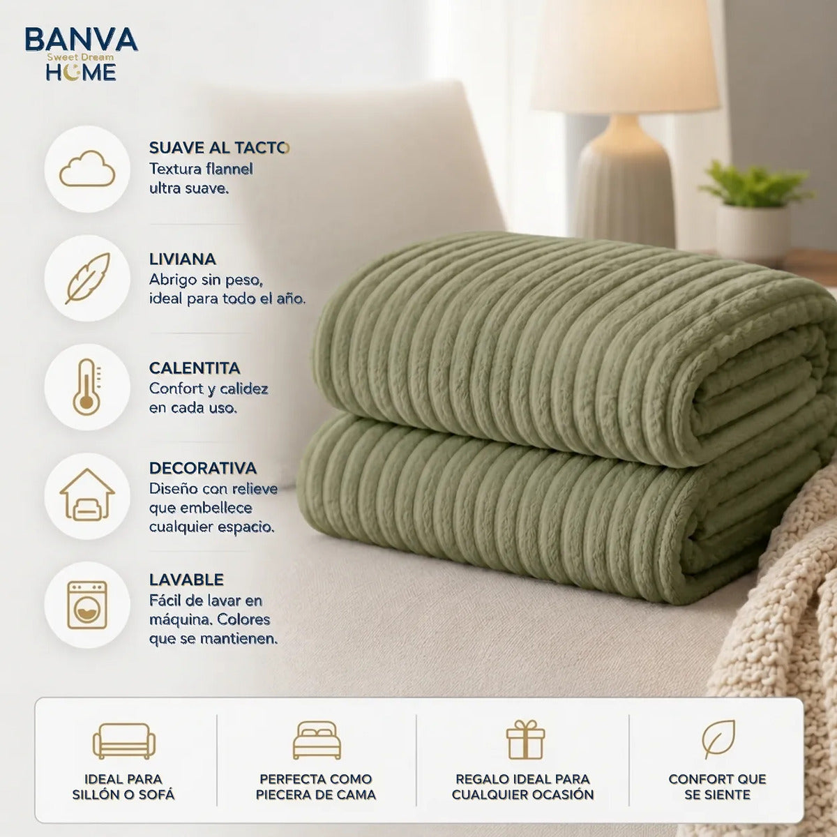 Manta Illusions Flannel Relieve Verde Olivo 150x130 500gr