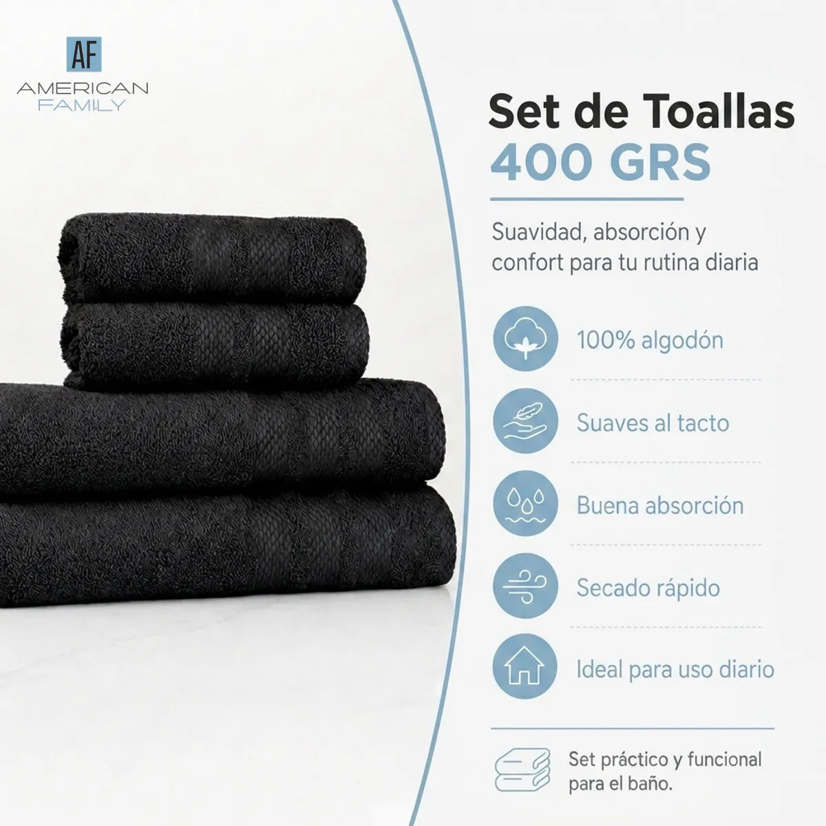 Juego 4 Toalla American Family Negro 400gr