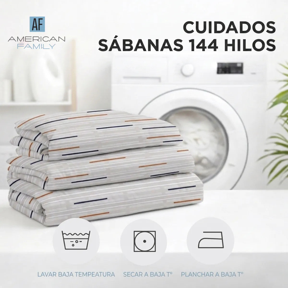 Juego Sábana American Family 144 Hilos Trazos Beige 2 Plazas Blanco