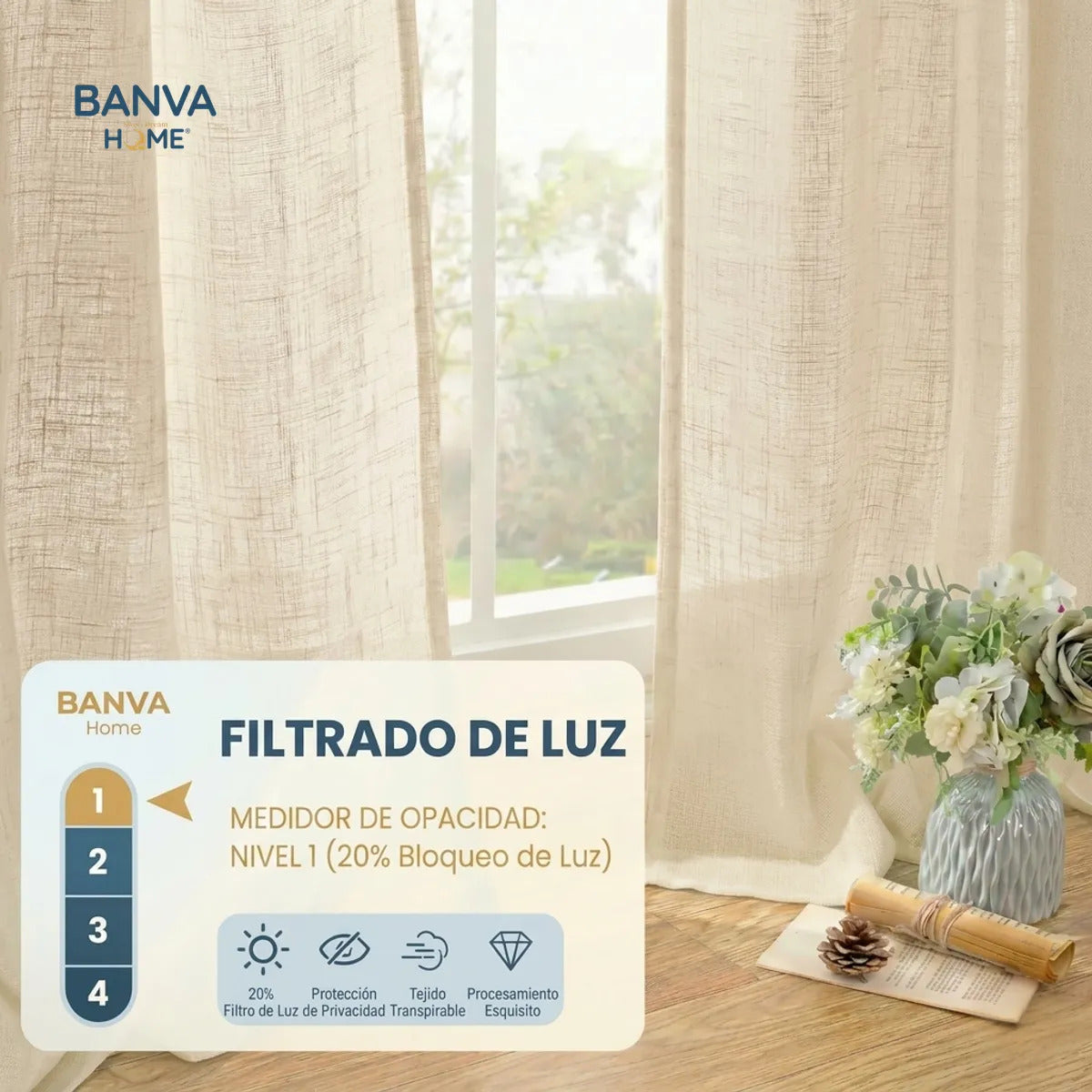 Set Cortinas Velo Lino Liso Beige