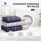 Juego Sábana American Family 144 Hilos Trazos Azul 2 Plazas