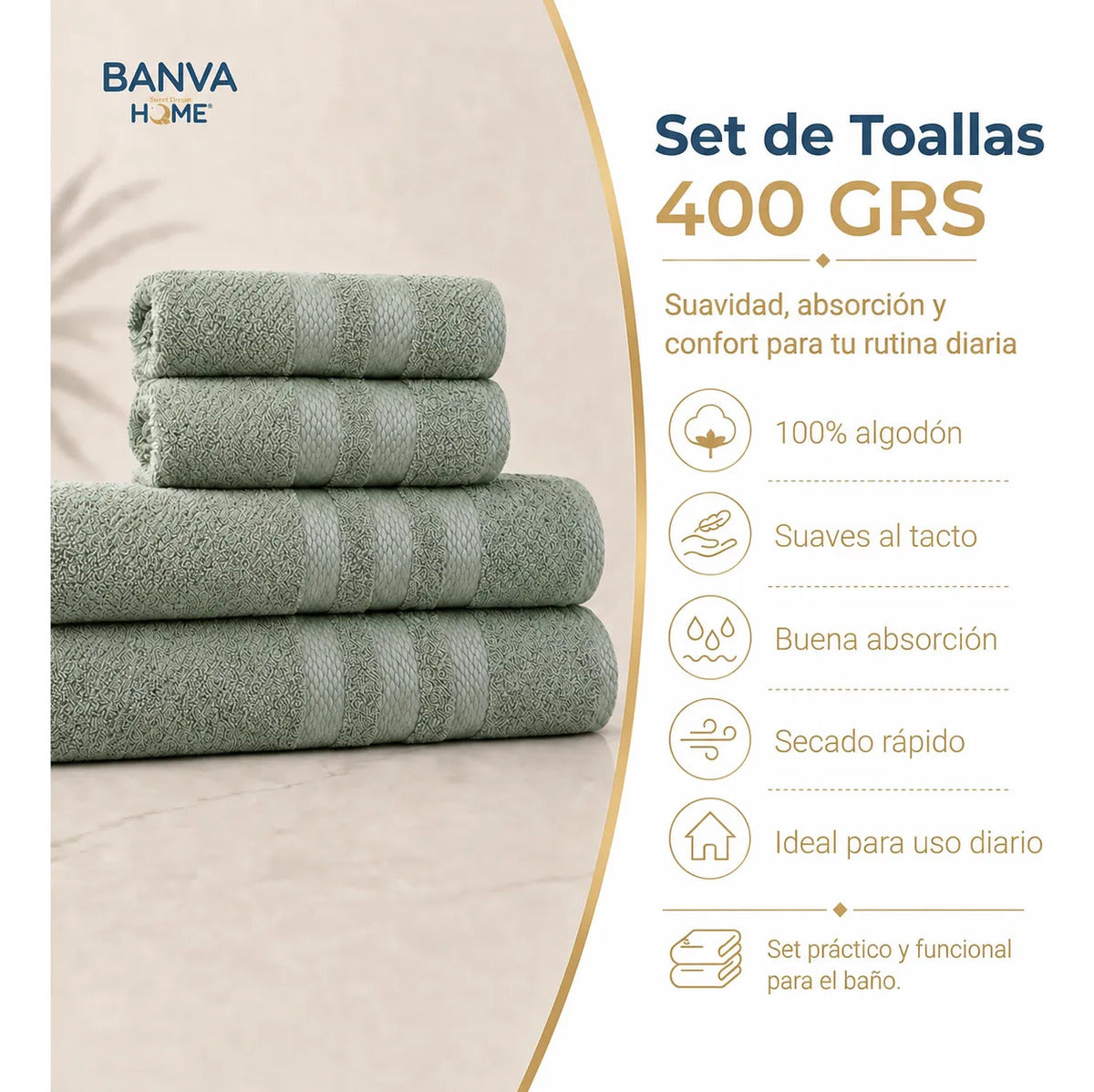 Juego 4 Toalla Illusions Sage 400gr