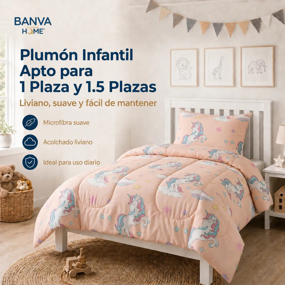 Plumón Infantil Unicornio Rosa Claro Con