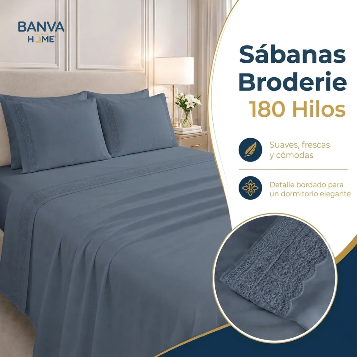 Juego Sábana Illusions 180 Hilos Broderie Liso King Azul Element