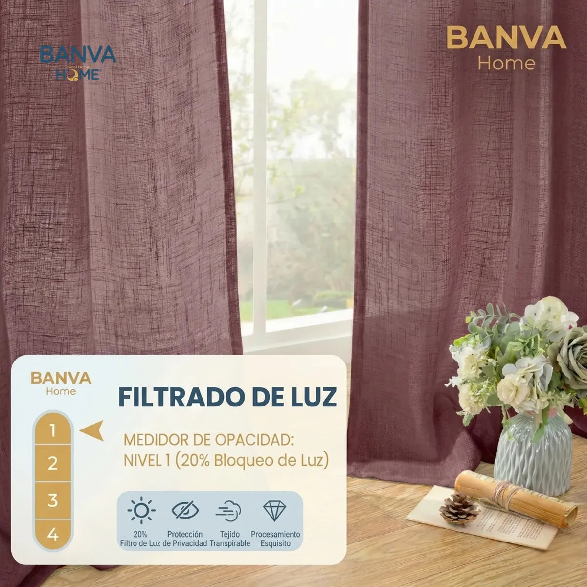 Set Cortinas Velo Lino Liso Café