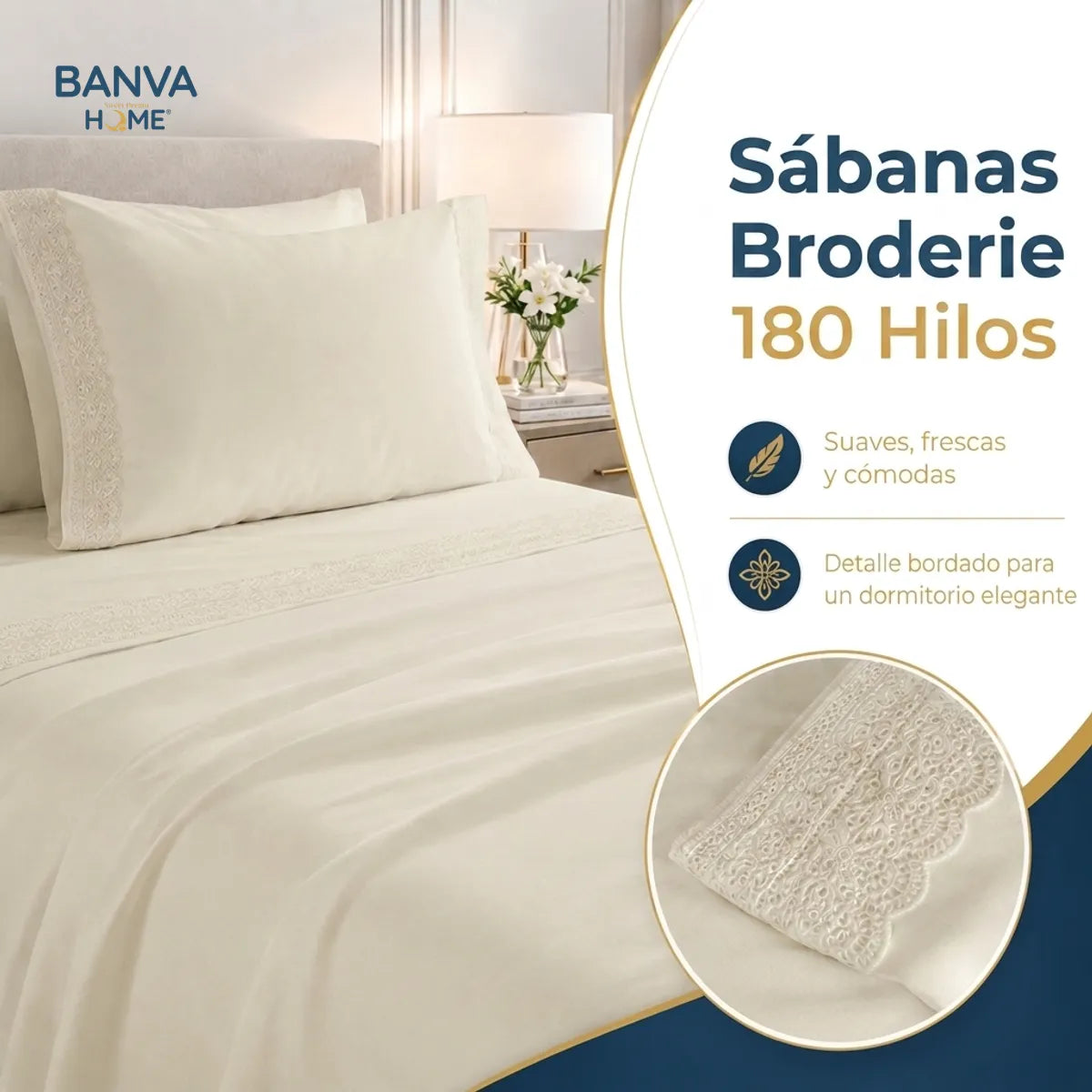 Juego Sábana Illusions 180 Hilos Broderie Liso 1.5 Plazas Beige Ivory
