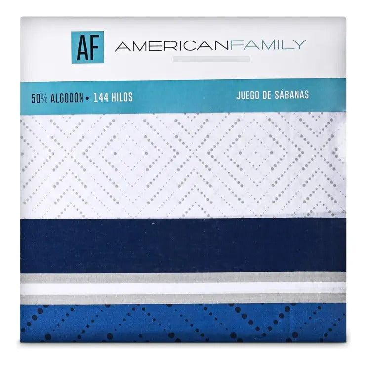 Juego Sábana American Family 144 Hilos Daloa 2 Plazas Azul