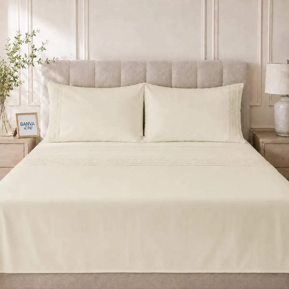 Juego Sábana Illusions 180 Hilos Broderie Liso King Beige Ivory