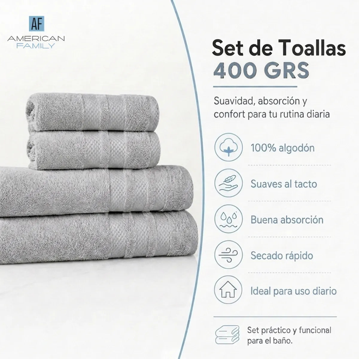 Juego 4 Toalla American Family Gris 400gr