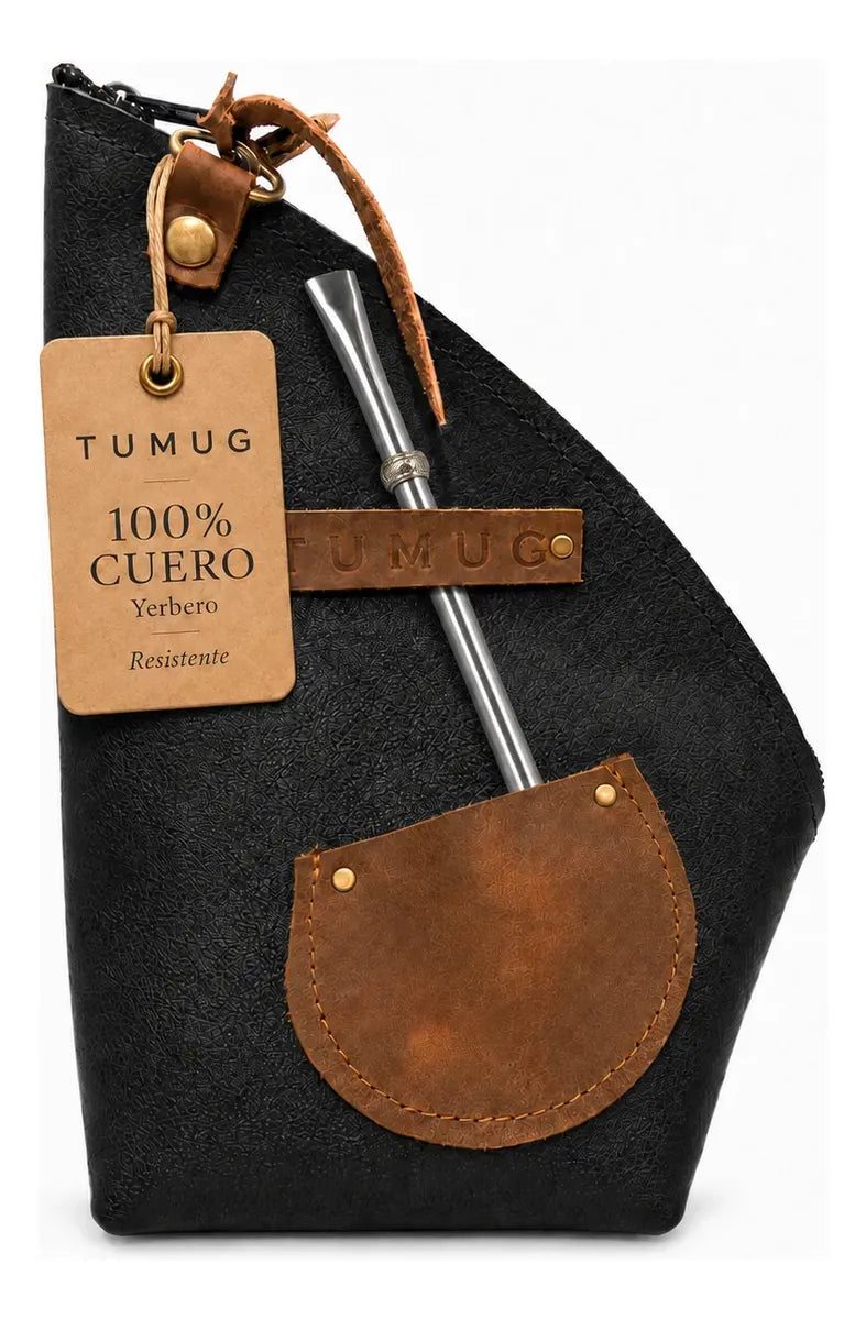 Yerbero Mate Tumug Cuero Porta Yerba 300 Gr Resistente Negro