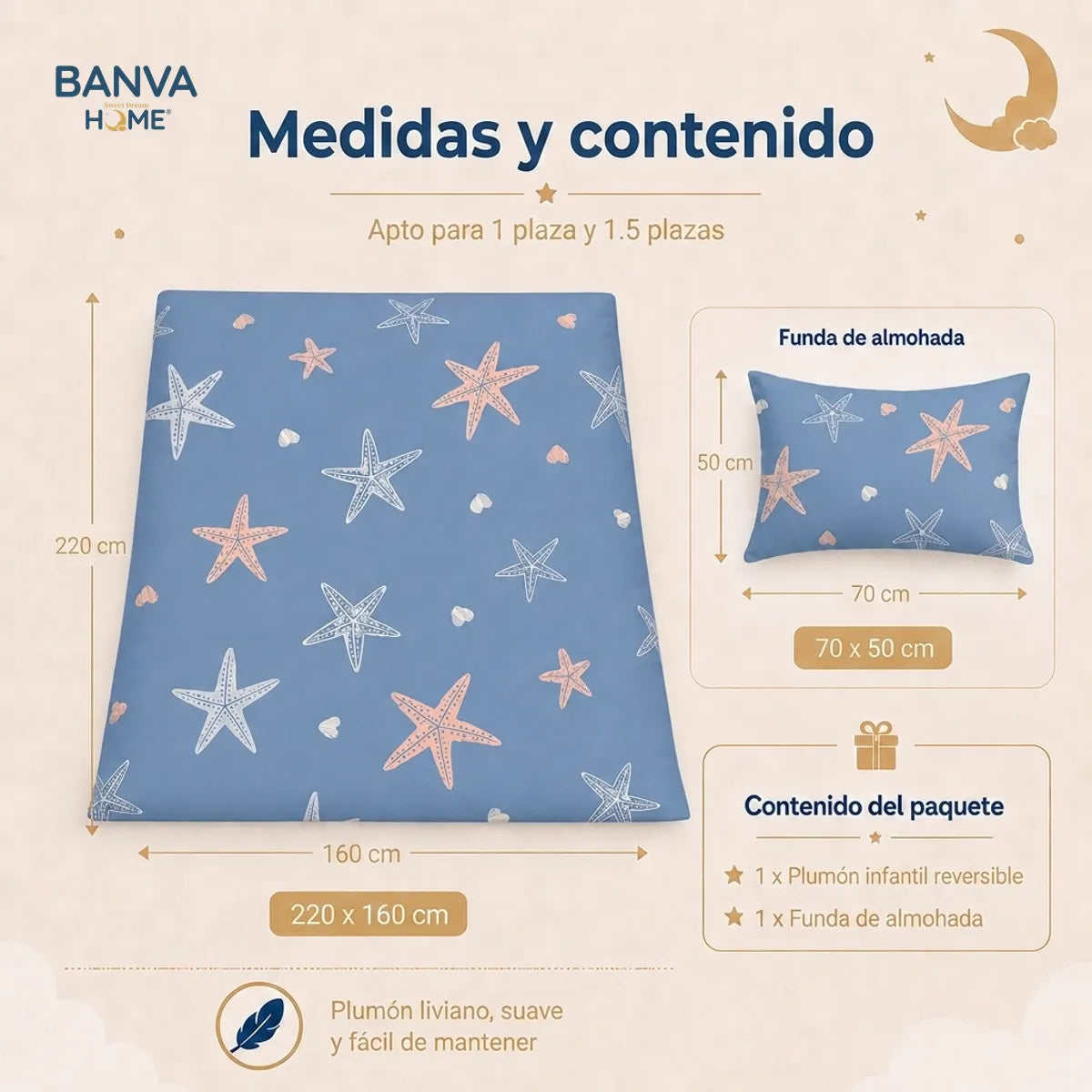 Plumón Infantil Estrella De Mar Azul Con Estrellas