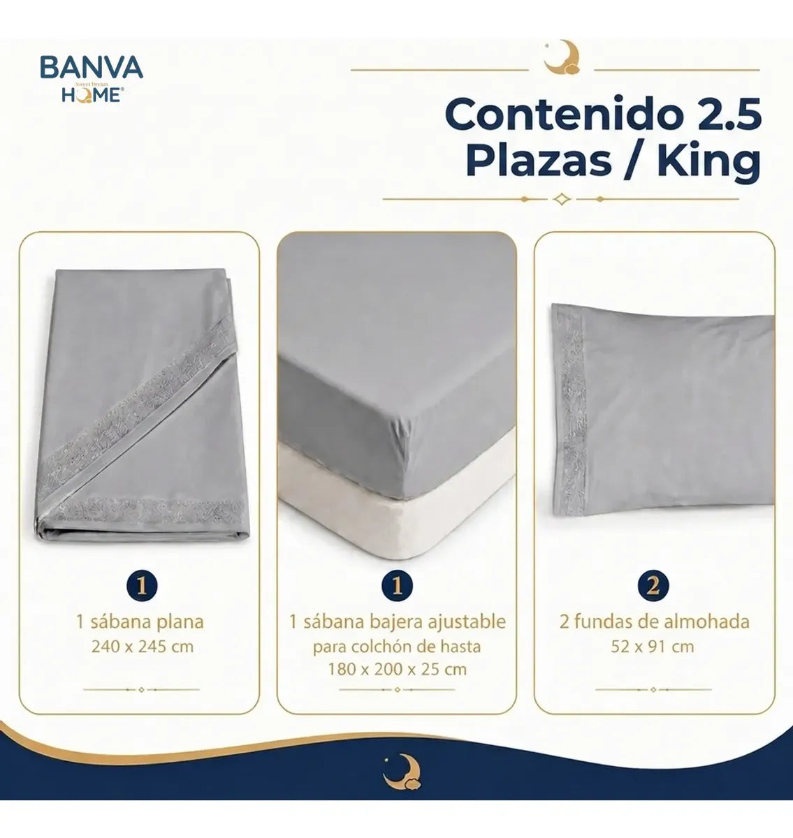 Juego Sábana Illusions 180 Hilos Broderie Liso King Gris