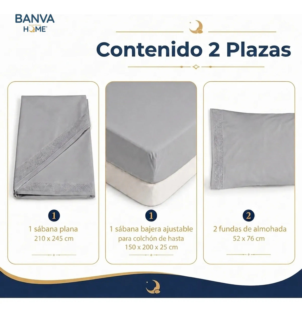 Juego Sábana Illusions 180 Hilos Broderie Liso 2 Plazas Gris