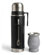 Set De Mate Kit Termo Cuero Plata