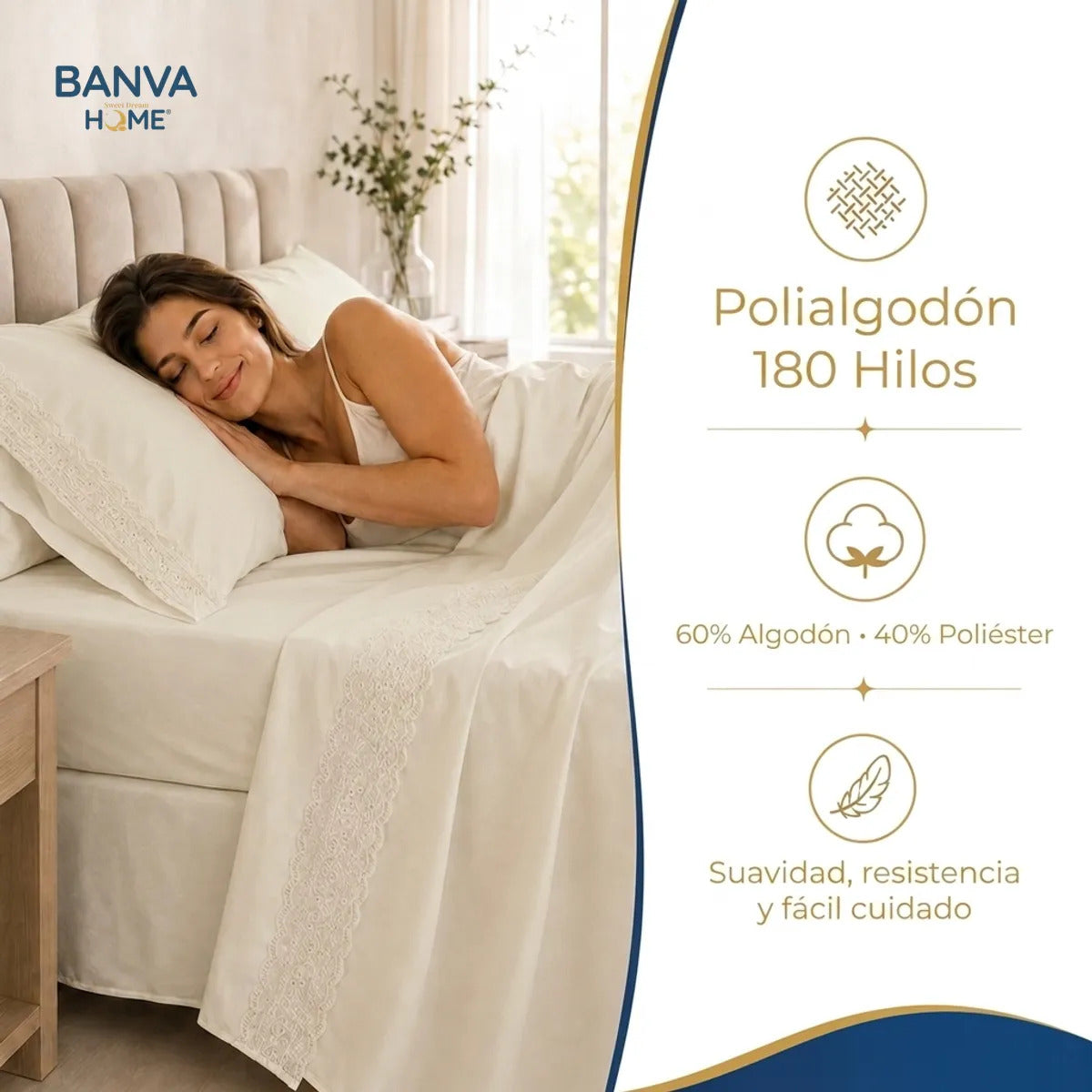Juego Sábana Illusions 180 Hilos Broderie Liso 1.5 Plazas Beige Ivory