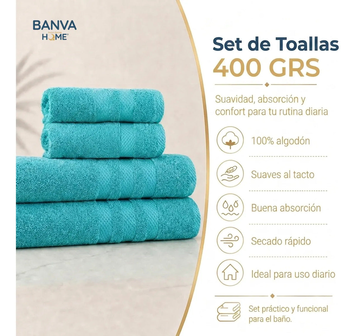 Juego 4 Toalla Illusions Turquesa 400gr