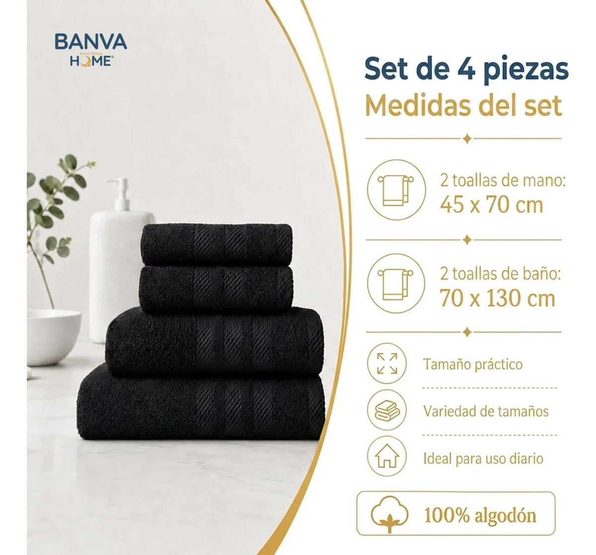 Juego 4 Toalla Illusions Negro 400gr