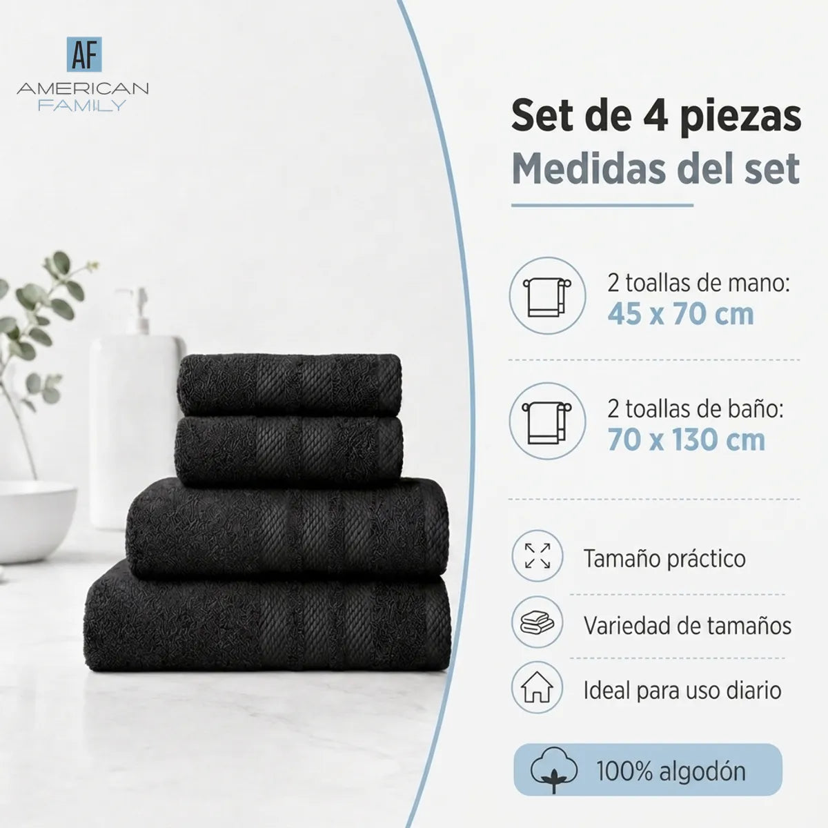 Juego 4 Toalla American Family Negro 400gr