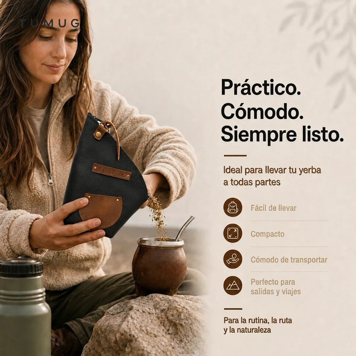 Yerbero Mate Tumug Cuero Porta Yerba 300 Gr Resistente Negro