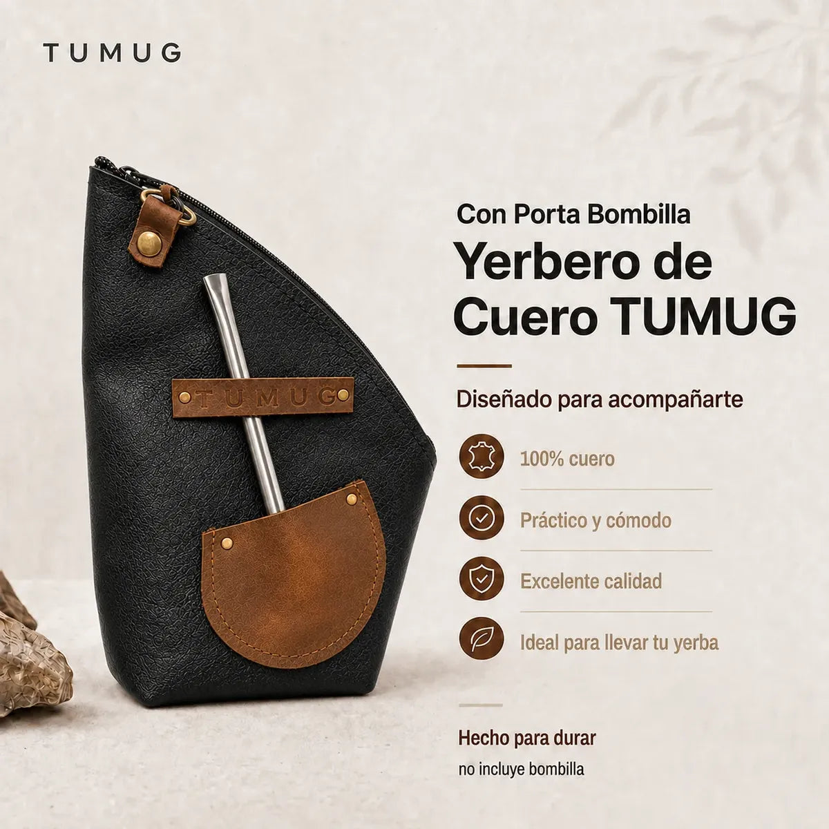 Yerbero Mate Tumug Cuero Porta Yerba 300 Gr Resistente Negro