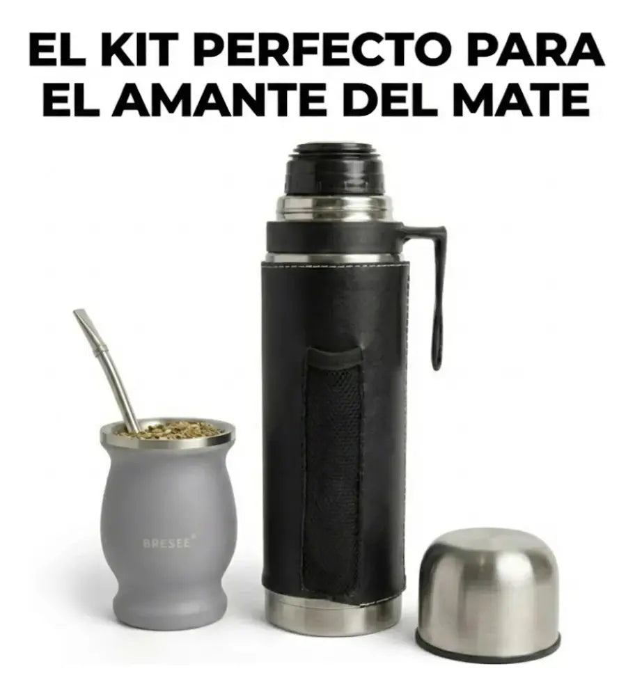 Set De Mate Kit Termo Cuero Plata