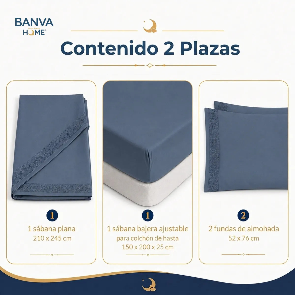 Juego Sábana Illusions 180 Hilos Broderie Liso 2 Plazas Azul Element