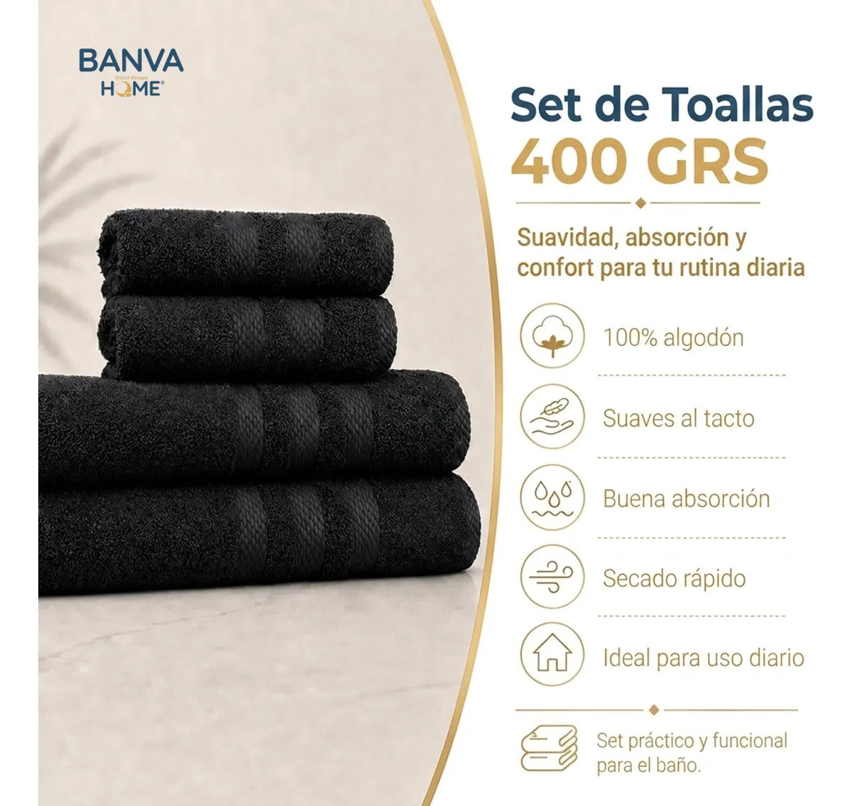 Juego 4 Toalla Illusions Negro 400gr