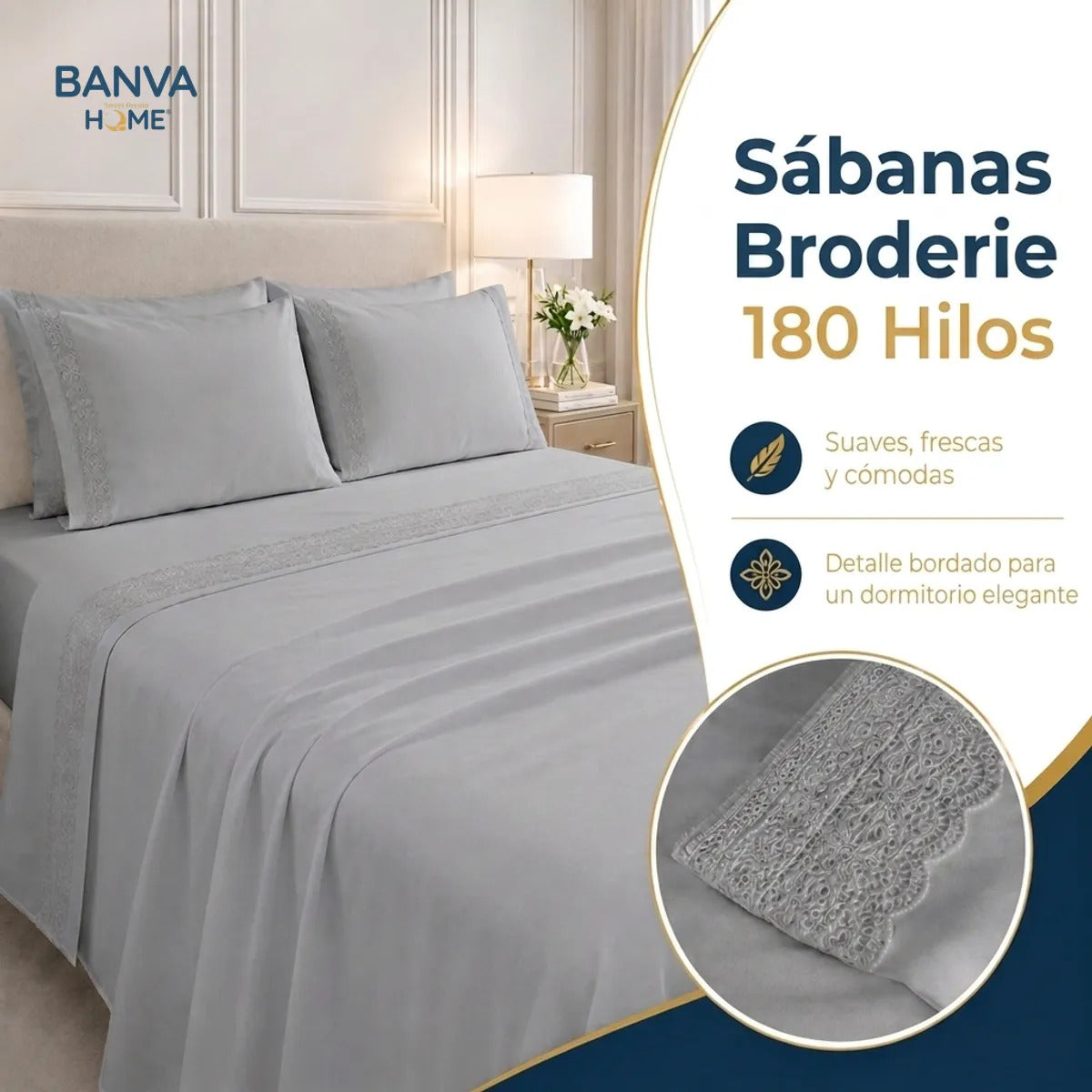 Juego Sábana Illusions 180 Hilos Broderie Liso 2 Plazas Gris
