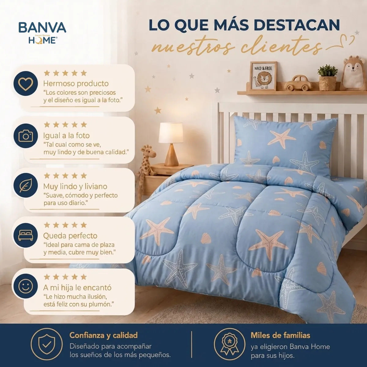 Plumón Infantil Estrella De Mar Azul Con Estrellas