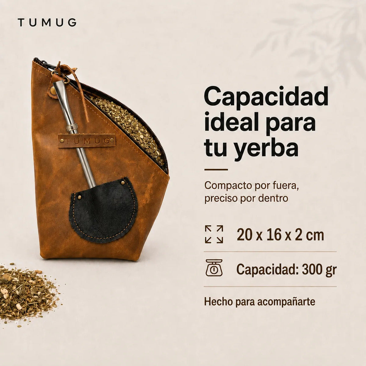 Yerbero Mate Tumug Cuero Porta Yerba 300 Gr Resistente Café